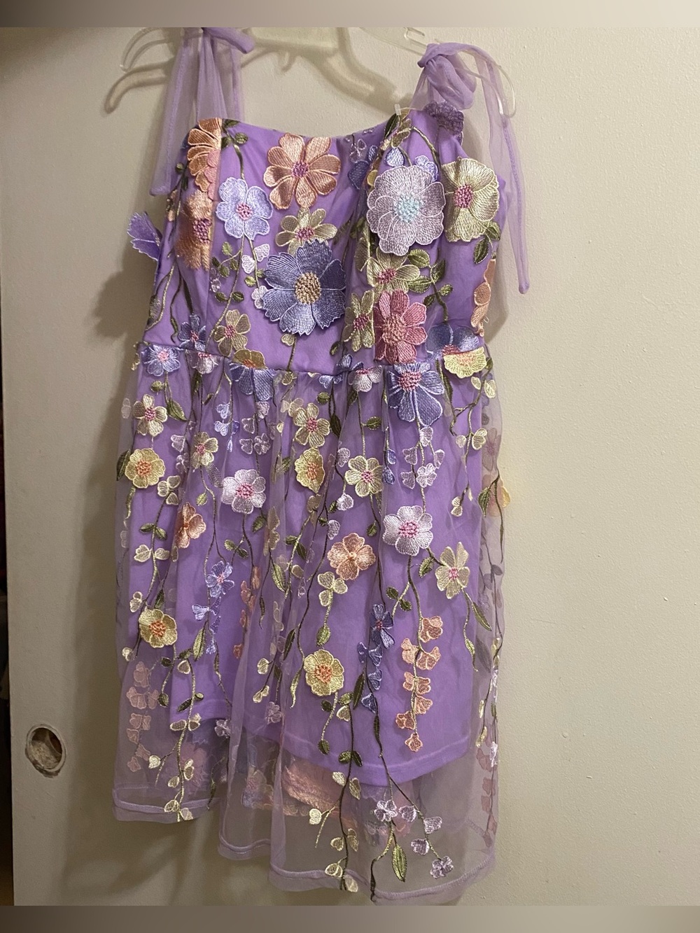 Womens L Large 42” Lavender Purple Mini Dress Embroidered Flowers Allover Fairy